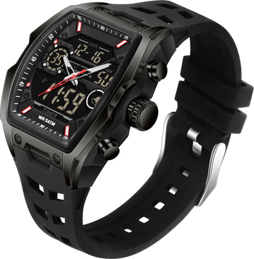 Findtime Men's Watch Sport Waterproof Watches Military Square Digital Analog Wrist Watch Unique Fashion Tactical Watches with LED Stopwatch Countdown Alarm Curved Screen